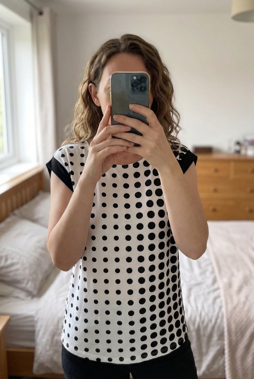 Marks & Spencer top standing straight facing the camera, in a softly lit bedroom setting, with gentle natural light filtering through a window.