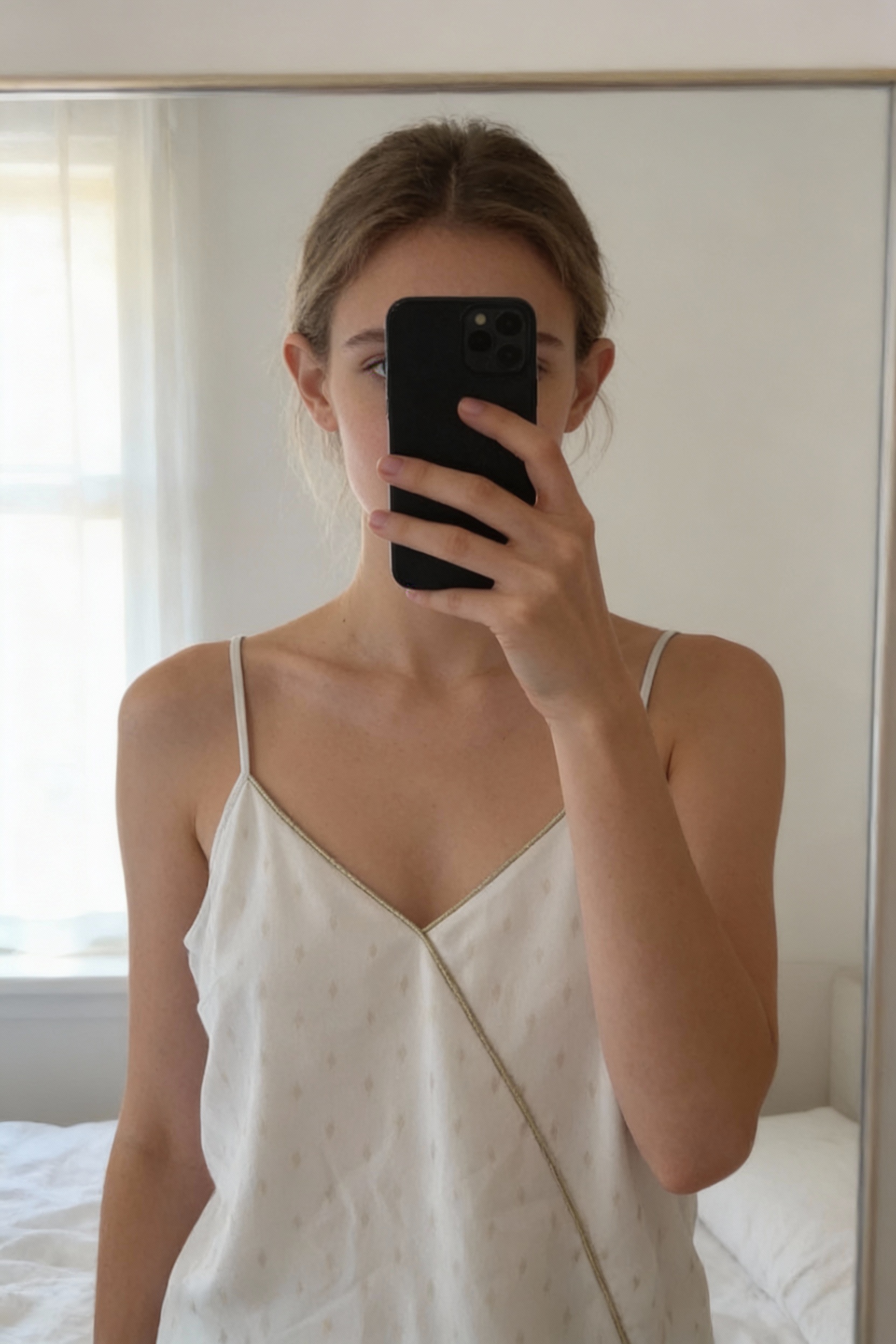 Top Débardeur Charlott’ blanc à bretelles – Taille L (40) debout, face à la caméra, dans une chambre à la lumière douce, avec une lumière naturelle filtrant par la fenêtre.