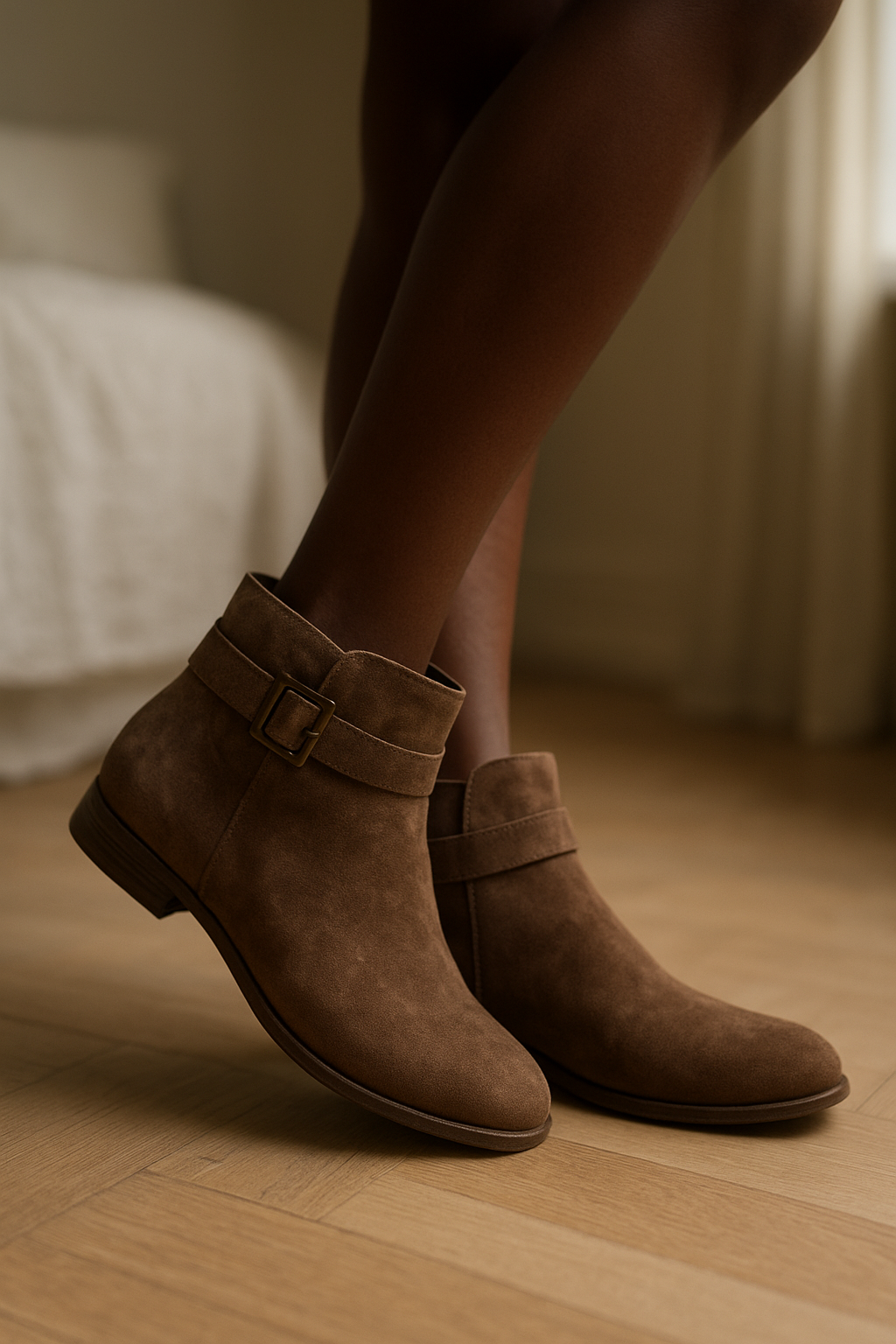 Une personne en Boots En Daim San Marina T 36 cambrant légèrement le dos pour une pose dynamique, dans une chambre à la lumière douce, avec une lumière naturelle filtrant par la fenêtre.