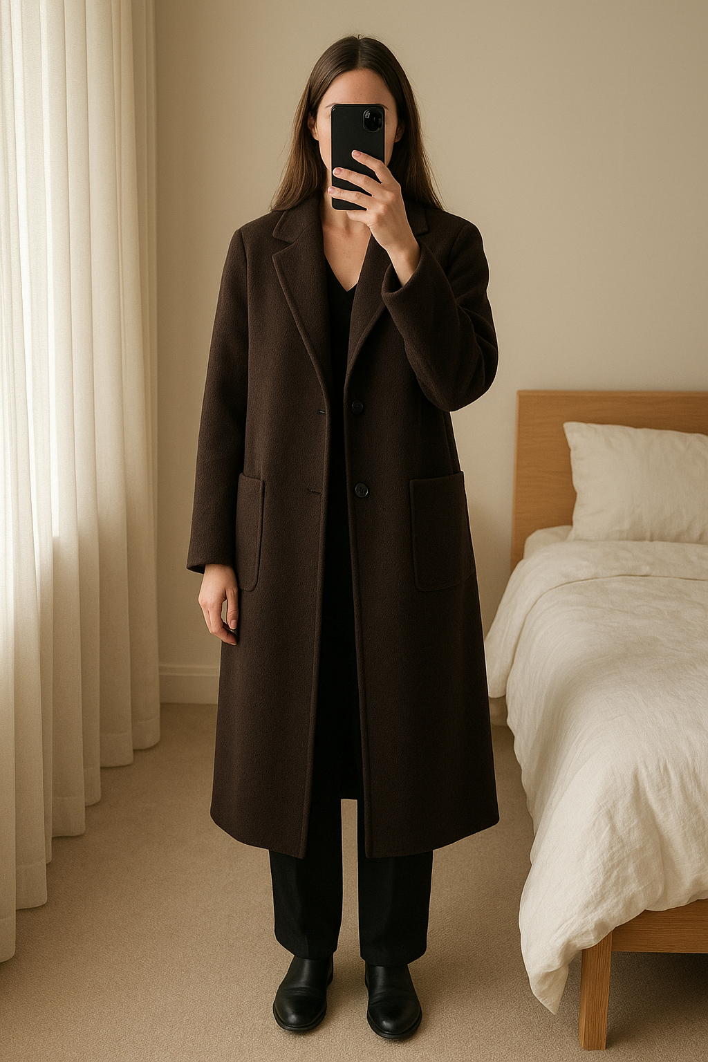 Manteau long hiver noir - Primark debout, face à la caméra, dans une chambre à la lumière douce, avec une lumière naturelle filtrant par la fenêtre.