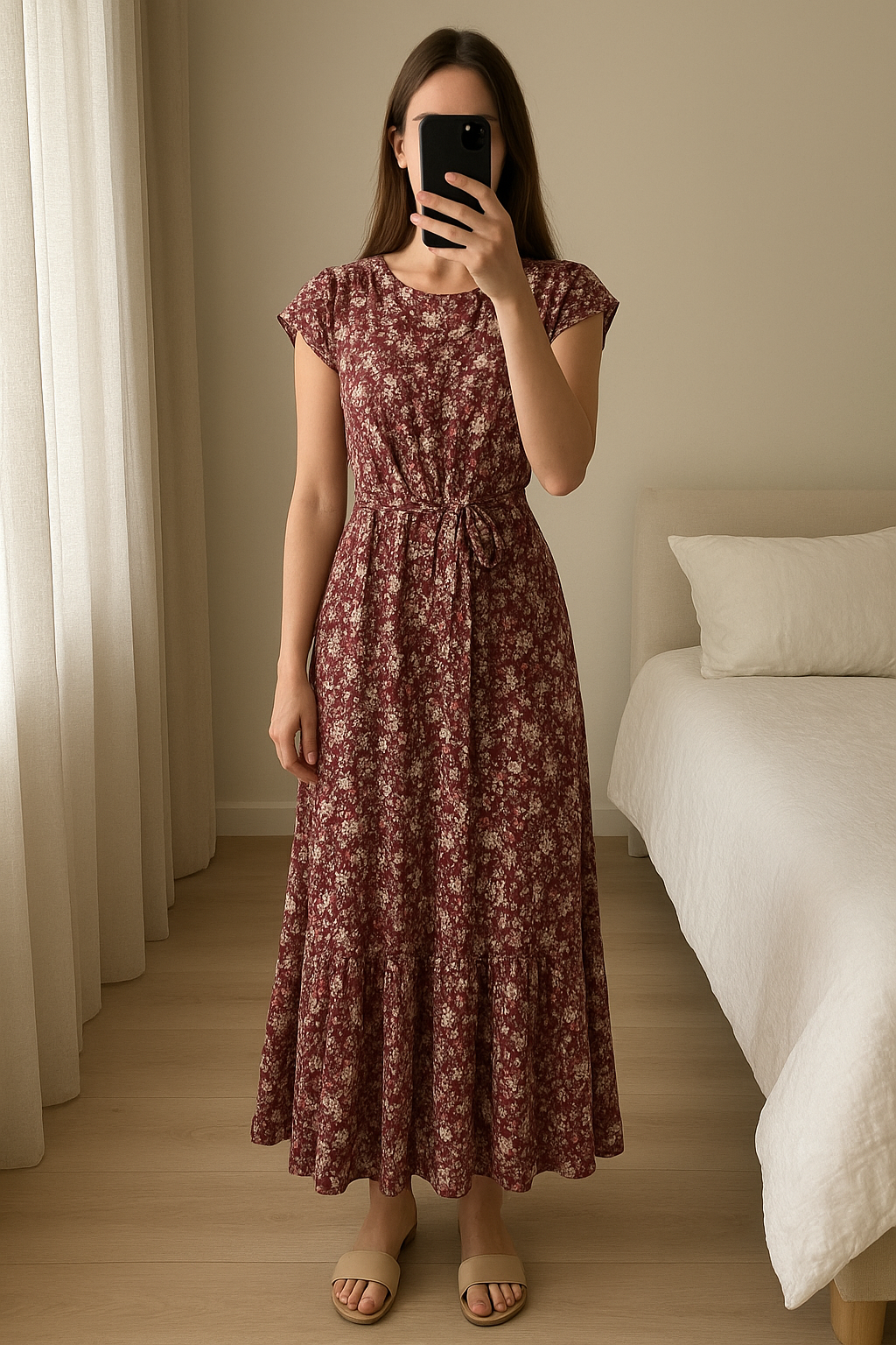 Robe Fleur d’été debout, face à la caméra, dans une chambre à la lumière douce, avec une lumière naturelle filtrant par la fenêtre.
