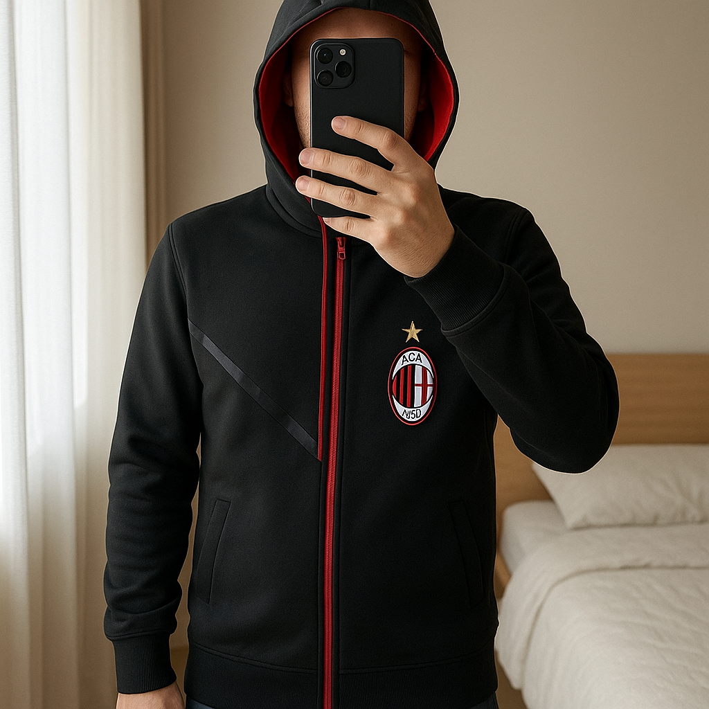 Veste AC Milan Adidas - M debout, face à la caméra, dans une chambre à la lumière douce, avec une lumière naturelle filtrant par la fenêtre.