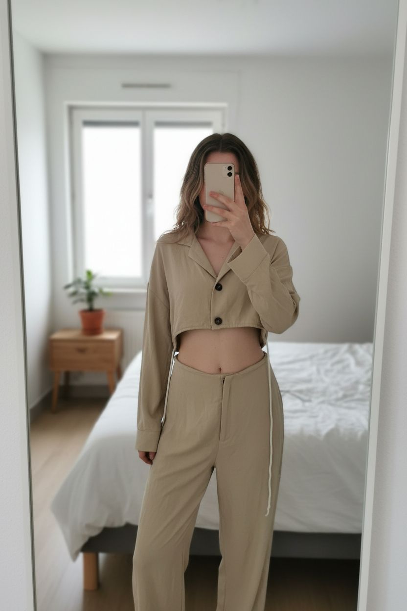 Combinaison beige debout, face à la caméra, dans une chambre à la lumière douce, avec une lumière naturelle filtrant par la fenêtre.