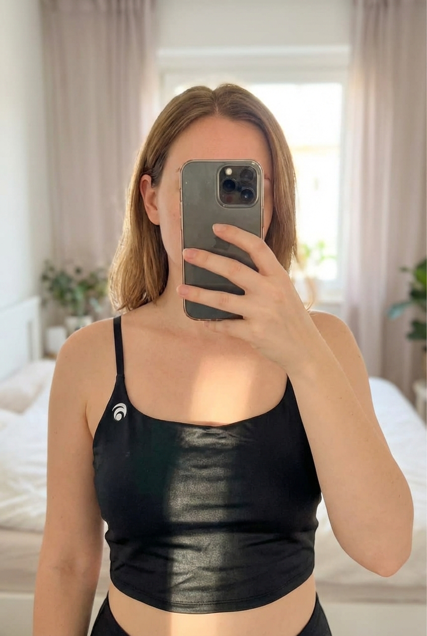 Brassière noir oceans apart neuve debout, face à la caméra, dans une chambre à la lumière douce, avec une lumière naturelle filtrant par la fenêtre.