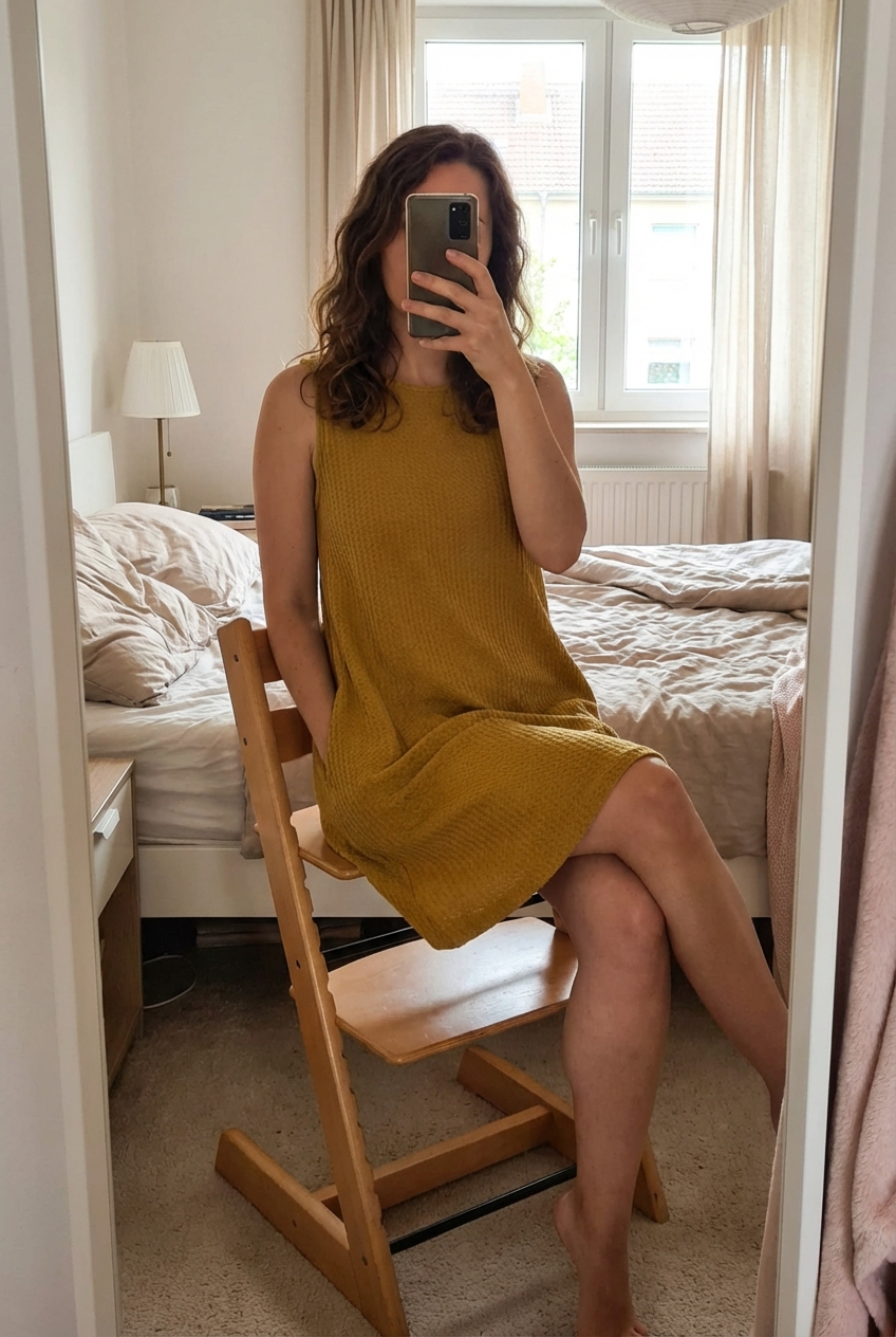 Eine Person in Tolles Kleid mit Taschen und weichem Material | Gr. M auf einem hohen Stuhl sitzend, mit entspannter Haltung, mit schlanker Figur, in einem sanft beleuchteten Schlafzimmer, mit natürlichem Licht, das durch ein Fenster fällt.