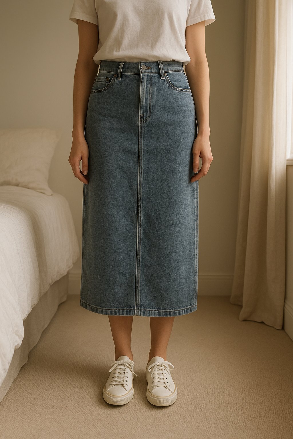 Top Shop Denim Long Skirt - Size 10 standing straight facing the camera, in a softly lit bedroom setting, with gentle natural light filtering through a window.