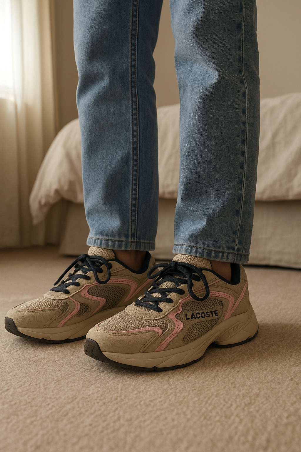 baskets debout, face à la caméra, dans une chambre à la lumière douce, avec une lumière naturelle filtrant par la fenêtre.