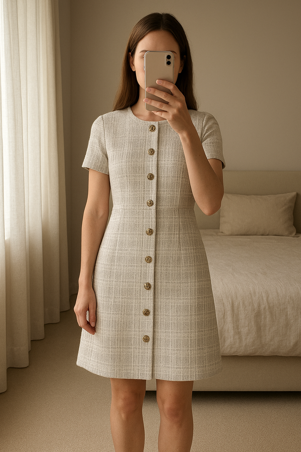 Robe été effet tweed debout, face à la caméra, dans une chambre à la lumière douce, avec une lumière naturelle filtrant par la fenêtre.