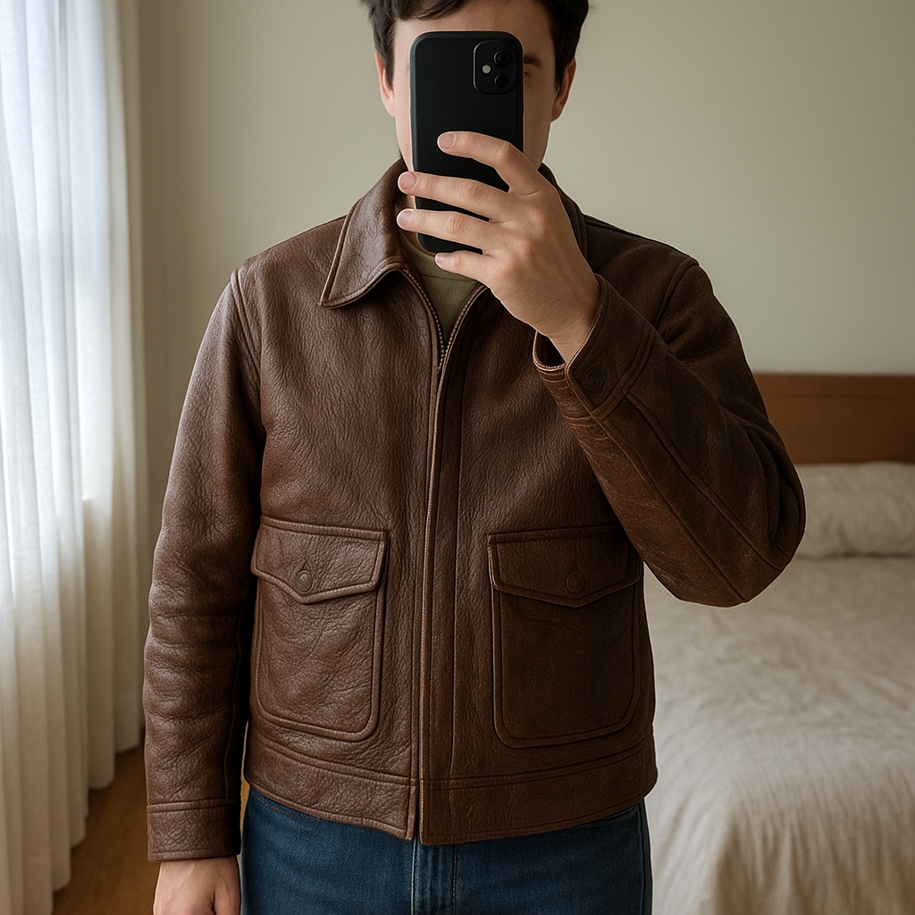 Gerard aviator jacket distressed leather size L in piedi, rivolto verso la fotocamera, in una camera da letto con luce soffusa e luce naturale che filtra dalla finestra.