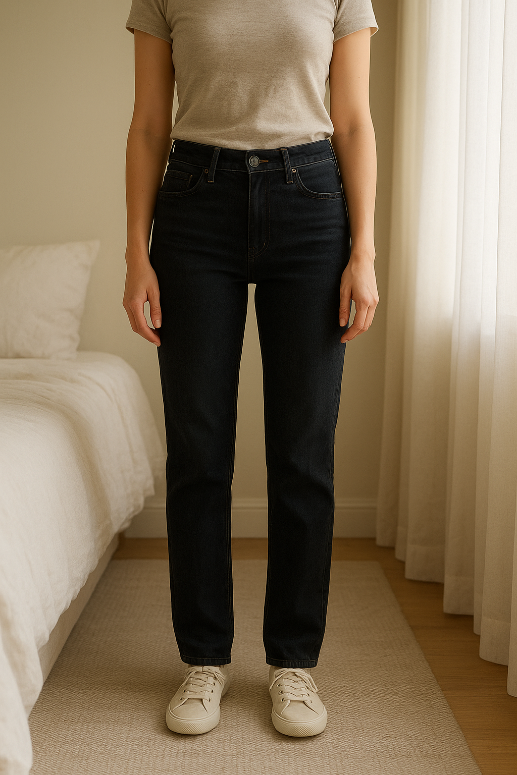 Jean slim gris foncé debout, face à la caméra, dans une chambre à la lumière douce, avec une lumière naturelle filtrant par la fenêtre.