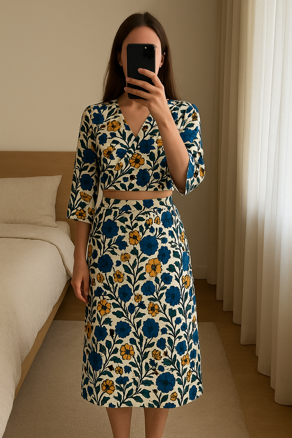 Ensemble Zara jupe crayon + top em pé, de frente para a câmera, em um quarto com iluminação suave e luz natural filtrando pela janela.