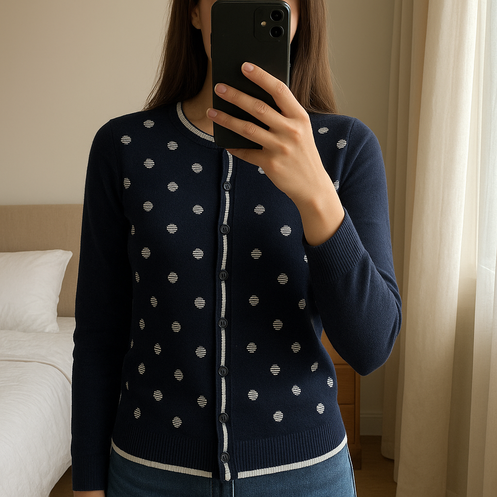 Cardigan 100% cotton Tommy Hilfiger Bleu Marine XXS debout, face à la caméra, dans une chambre à la lumière douce, avec une lumière naturelle filtrant par la fenêtre.