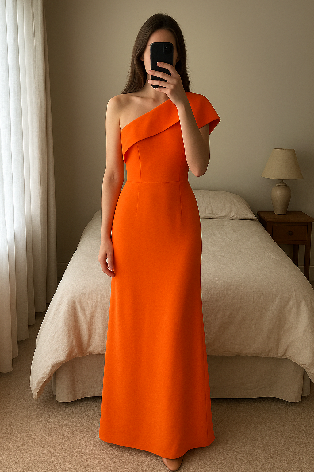 Beautiful Orange #Maxi Dress standing straight facing the camera, in a softly lit bedroom setting, with gentle natural light filtering through a window.