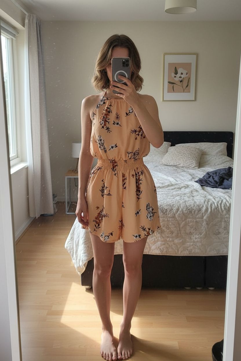 Jumpsuit Gr. 40 aufrecht stehend, der Kamera zugewandt, in einem sanft beleuchteten Schlafzimmer, mit natürlichem Licht, das durch ein Fenster fällt.