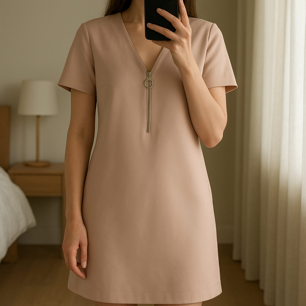 Robe rose clair taille 38 debout, face à la caméra, dans une chambre à la lumière douce, avec une lumière naturelle filtrant par la fenêtre.