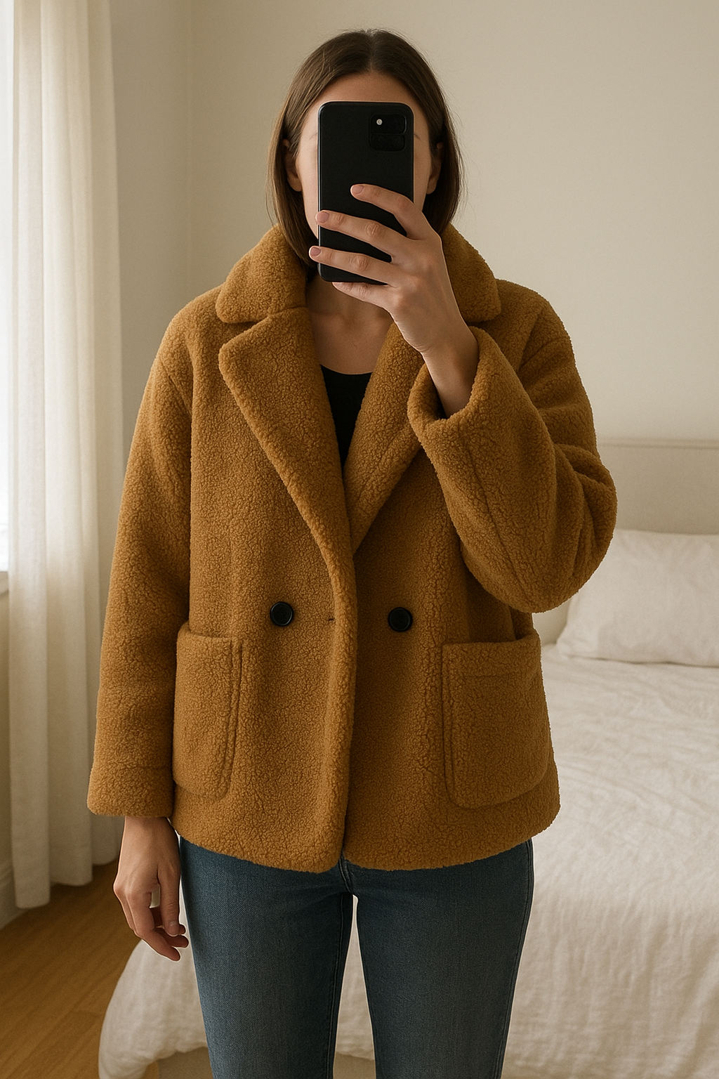 Manteau a fourrure hier shein debout, face à la caméra, dans une chambre à la lumière douce, avec une lumière naturelle filtrant par la fenêtre.