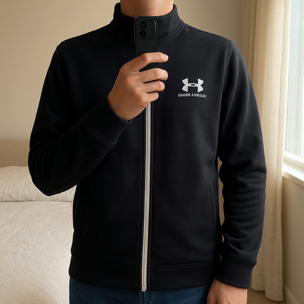 Veste de survêtement Under Armour noir debout, face à la caméra, dans une chambre à la lumière douce, avec une lumière naturelle filtrant par la fenêtre.