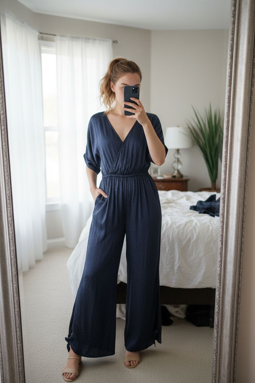BNWT Anthropologie Maeve size XS jumpsuit soft silky navy blue leopard wide leg glam baddie standing straight facing the camera, in a softly lit bedroom setting, with gentle natural light filtering through a window.