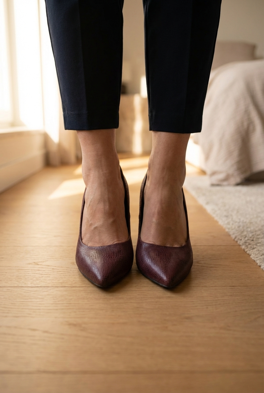 Escarpins Tamaris bordeaux debout, face à la caméra, dans une chambre à la lumière douce, avec une lumière naturelle filtrant par la fenêtre.