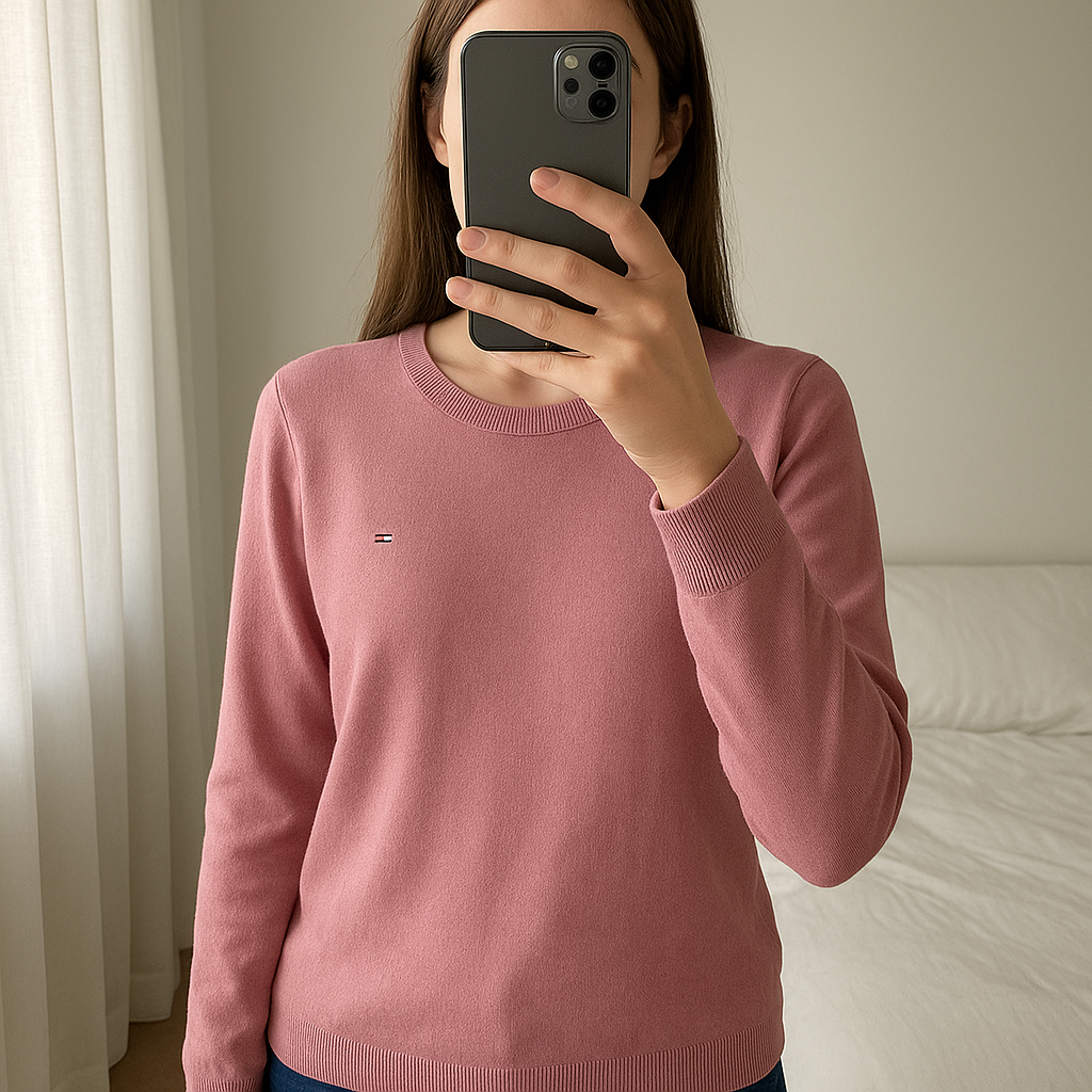 Pull Col Rond Coton Tommy Hilfiger Rose L debout, face à la caméra, dans une chambre à la lumière douce, avec une lumière naturelle filtrant par la fenêtre.