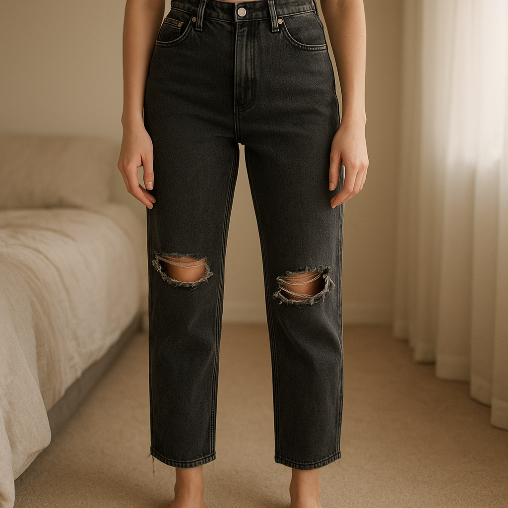 Una persona con Vaquero negro roto Stradivarius de pie, mirando a la cámara, con tipo de cuerpo delgado, en un dormitorio con luz suave y natural filtrándose por la ventana.