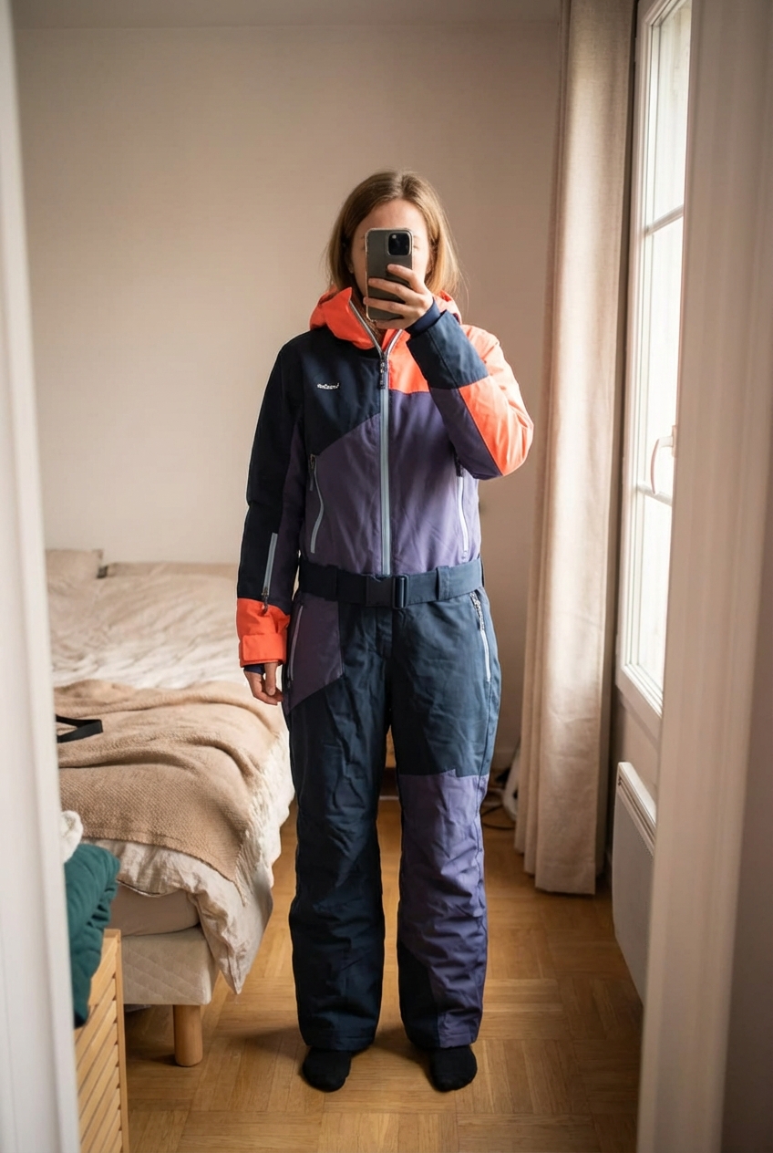 Combinaison ski enfant 12 ans tres bon état debout, face à la caméra, dans une chambre à la lumière douce, avec une lumière naturelle filtrant par la fenêtre.