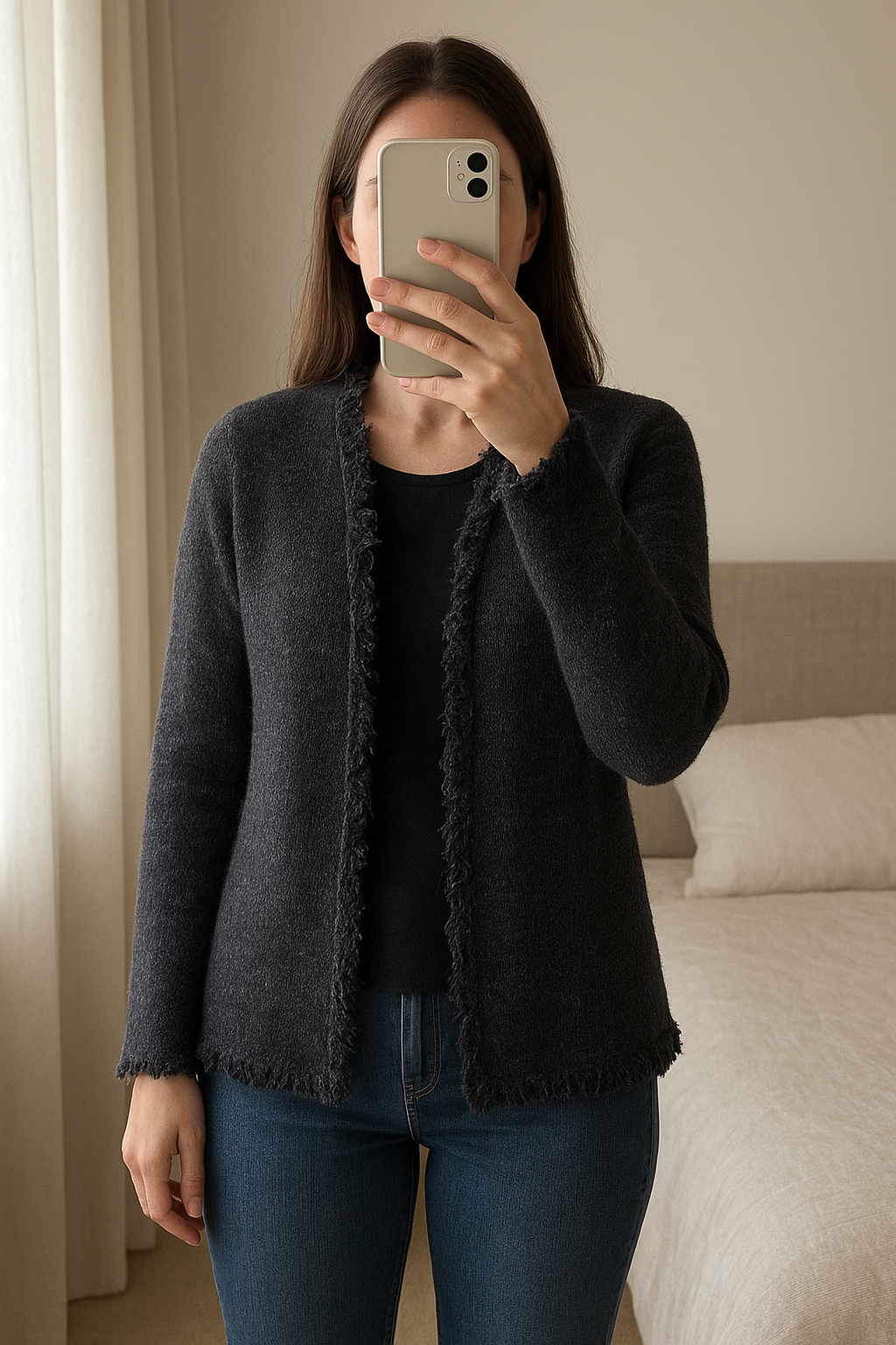 Cardigan donna MAX&Co. con frange in piedi, rivolto verso la fotocamera, in una camera da letto con luce soffusa e luce naturale che filtra dalla finestra.