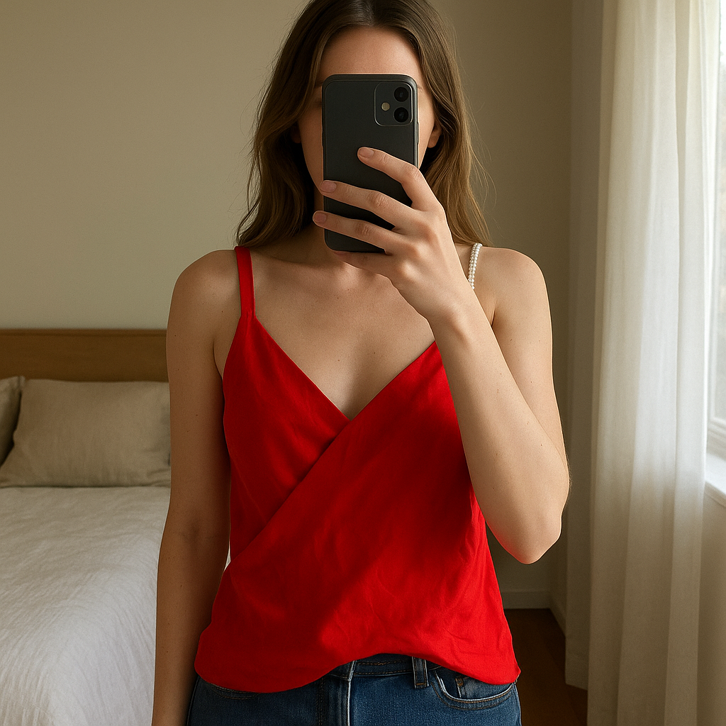 Top Zara satin T36 debout, face à la caméra, dans une chambre à la lumière douce, avec une lumière naturelle filtrant par la fenêtre.
