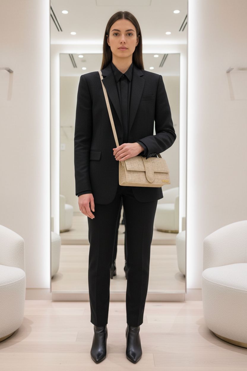 Une personne en 👜 Jacquemus sac beige Le Bambino debout, face à la caméra, dans une cabine d’essayage de style boutique avec un miroir et une décoration neutre.