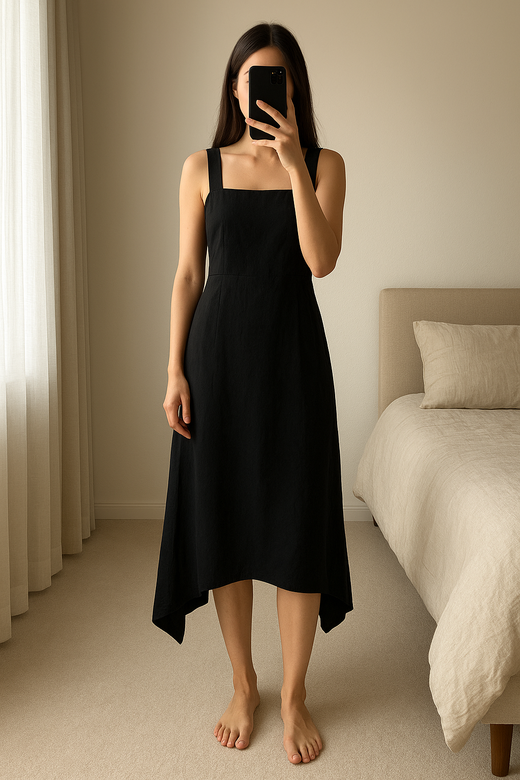 Longue robe asymétrique noire femme M in piedi, rivolto verso la fotocamera, in una camera da letto con luce soffusa e luce naturale che filtra dalla finestra.