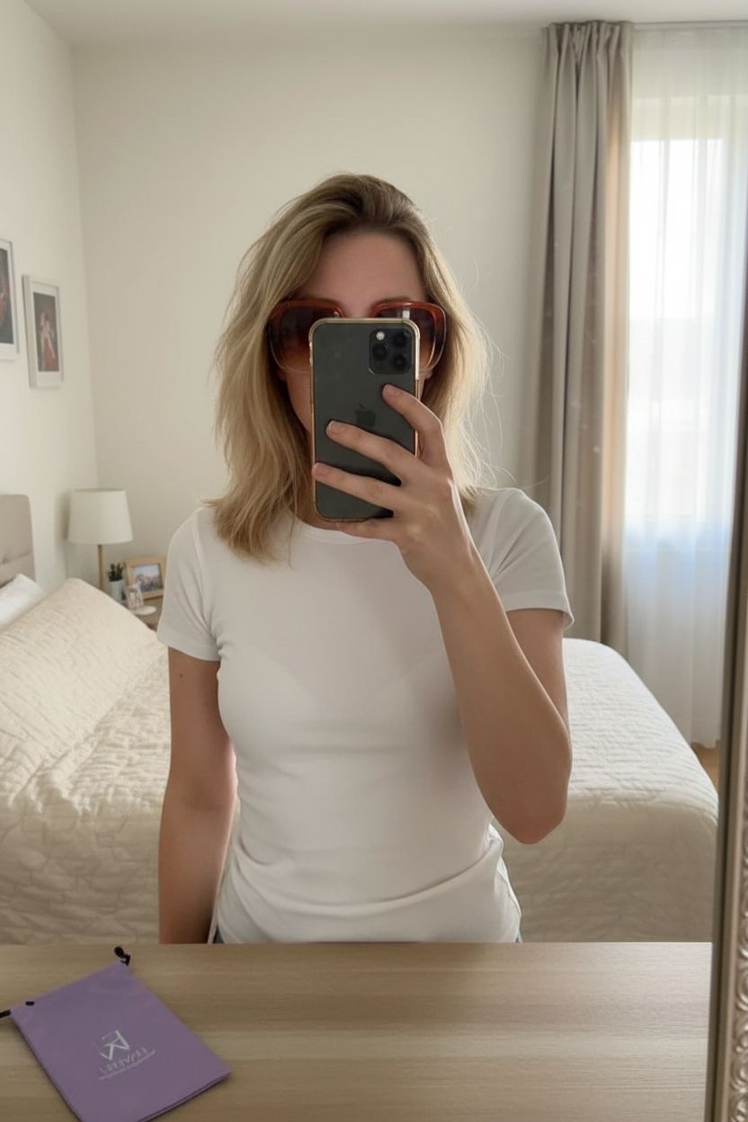 Lunettes de soleil debout, face à la caméra, dans une chambre à la lumière douce, avec une lumière naturelle filtrant par la fenêtre.