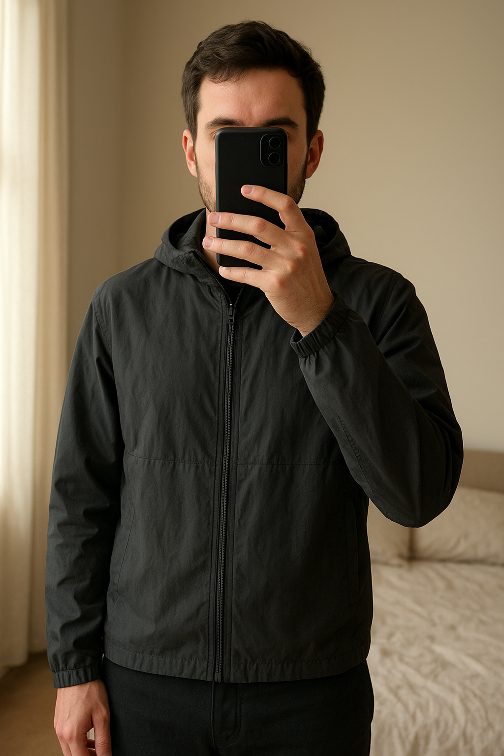 Veste noire enfant UNIQLO debout, face à la caméra, dans une chambre à la lumière douce, avec une lumière naturelle filtrant par la fenêtre.