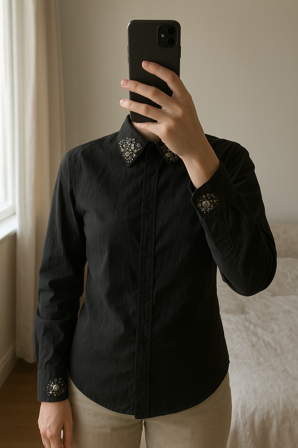 Chemise luxueux taille L debout, face à la caméra, dans une chambre à la lumière douce, avec une lumière naturelle filtrant par la fenêtre.