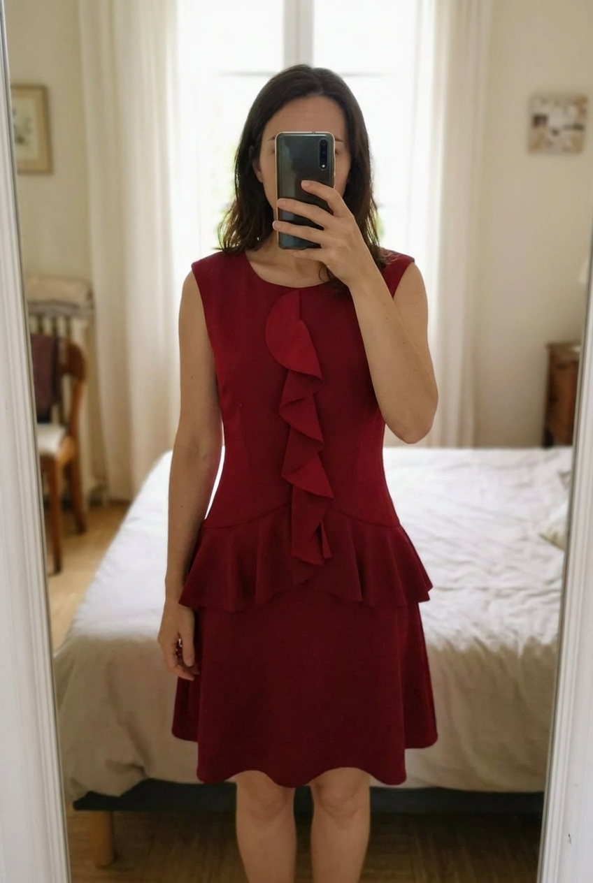 Sublime robe debout, face à la caméra, dans une chambre à la lumière douce, avec une lumière naturelle filtrant par la fenêtre.