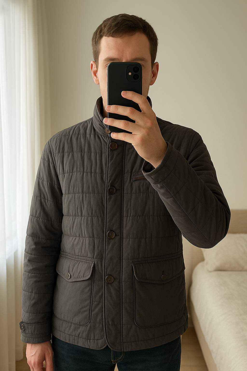 Manteau homme marine hiver debout, face à la caméra, dans une chambre à la lumière douce, avec une lumière naturelle filtrant par la fenêtre.