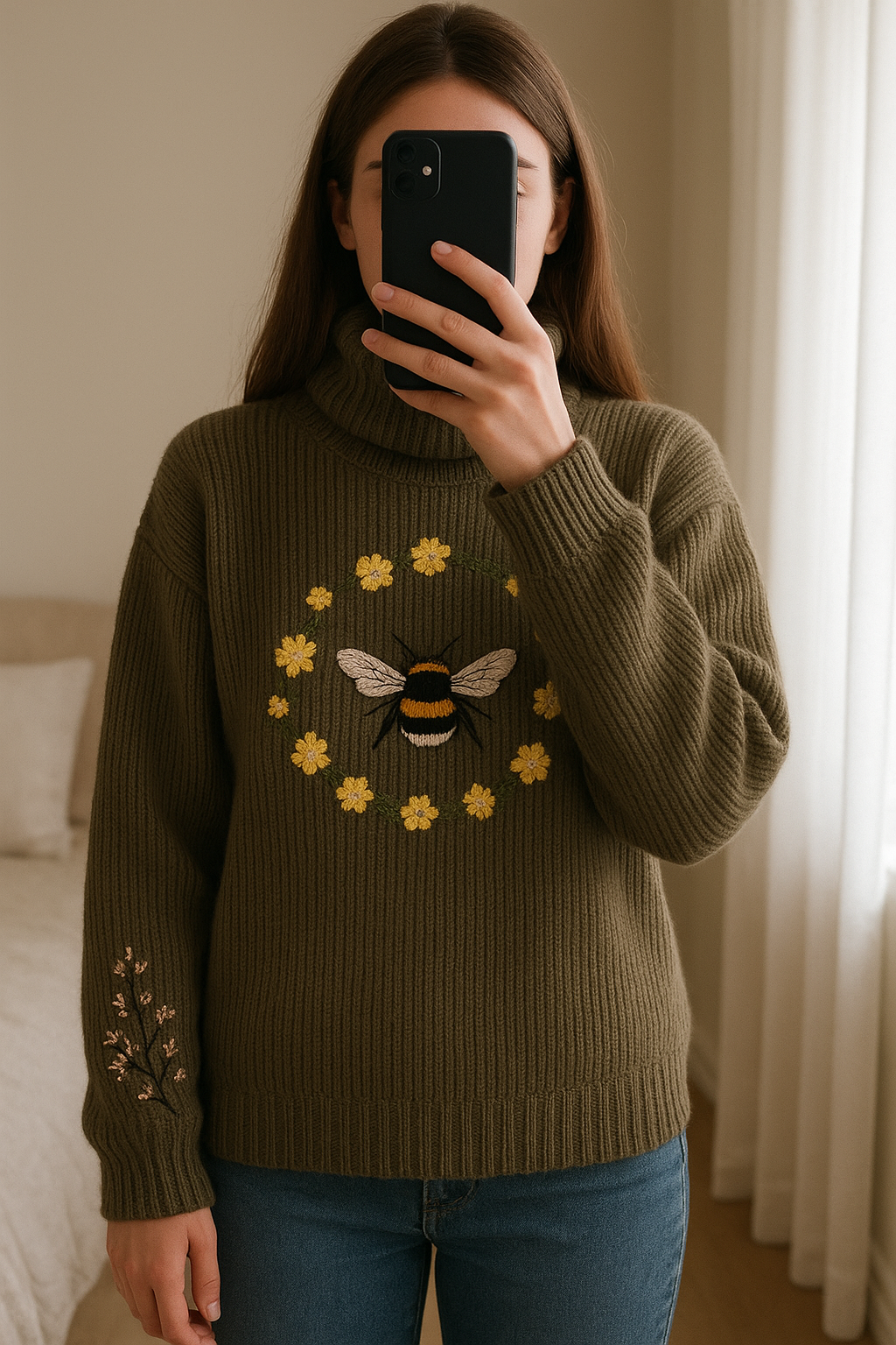 Pull vert kaki brodé abeille et fleurs – col roulé, style bohème vintage. T-XL debout, face à la caméra, dans une chambre à la lumière douce, avec une lumière naturelle filtrant par la fenêtre.