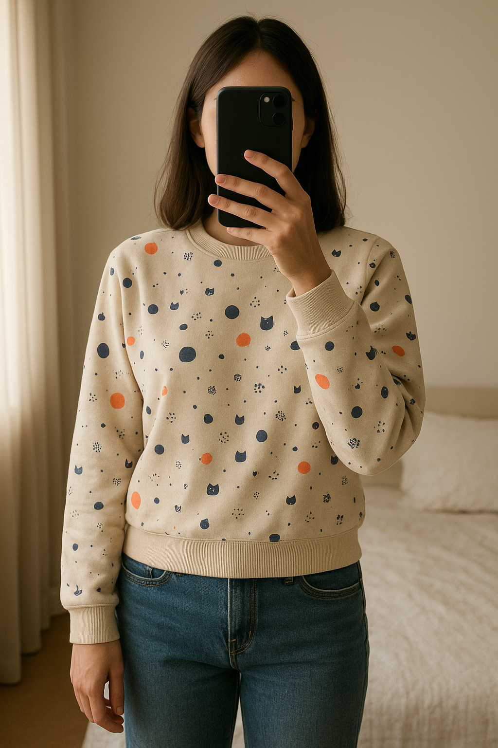 Chemisier bébé debout, face à la caméra, dans une chambre à la lumière douce, avec une lumière naturelle filtrant par la fenêtre.