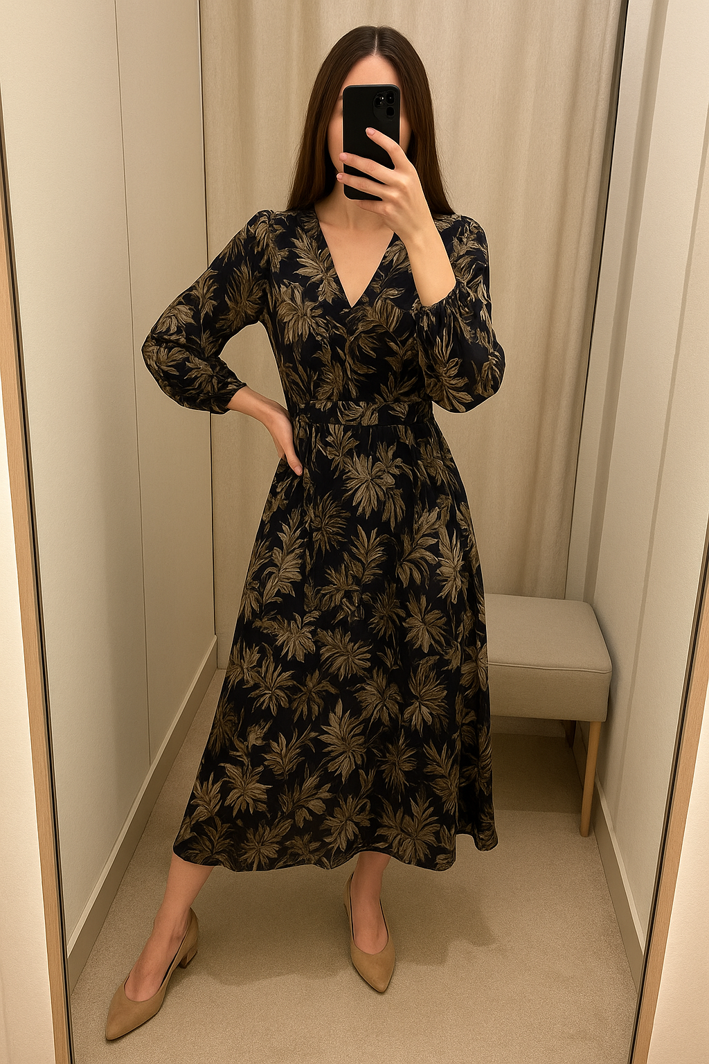 Une personne en robe style vintage imprimé feuilles cambrant légèrement le dos pour une pose dynamique, dans une cabine d’essayage de style boutique avec un miroir et une décoration neutre.
