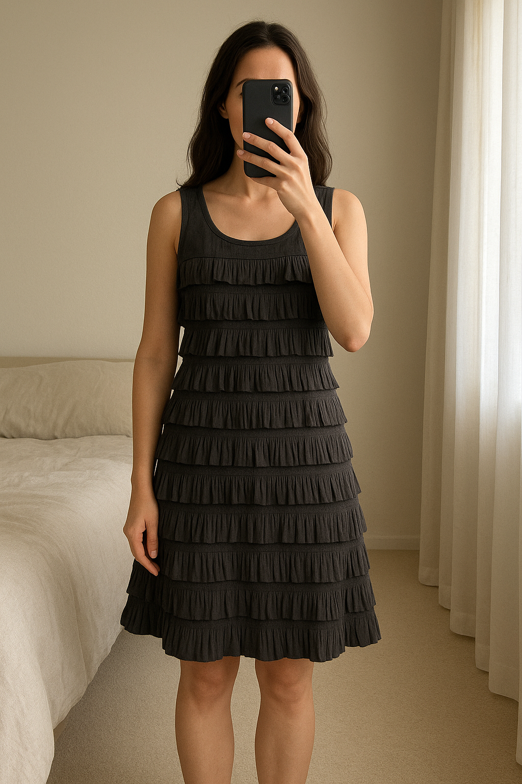 Robe avec petits volants debout, face à la caméra, dans une chambre à la lumière douce, avec une lumière naturelle filtrant par la fenêtre.