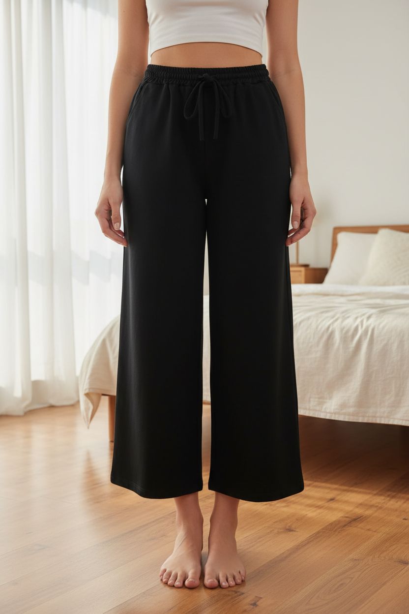 Pantalon fluide noir femme L Zara debout, face à la caméra, dans une chambre à la lumière douce, avec une lumière naturelle filtrant par la fenêtre.