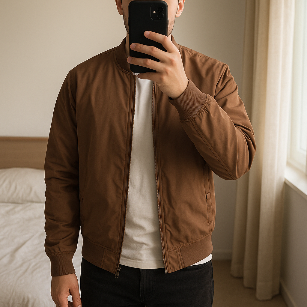 Veste homme marron Gémo – Taille M – Neuve avec étiquette – Polyester recyclé debout, face à la caméra, dans une chambre à la lumière douce, avec une lumière naturelle filtrant par la fenêtre.
