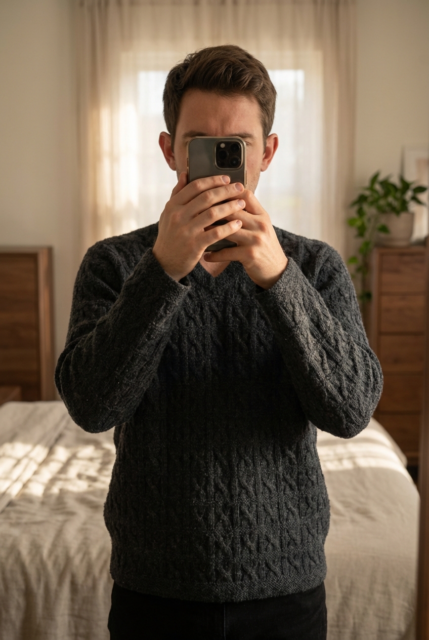 Pull Torsadé Aran Wool Sweater 70% Laine Noir Aran Craft GAP XL debout, face à la caméra, dans une chambre à la lumière douce, avec une lumière naturelle filtrant par la fenêtre.