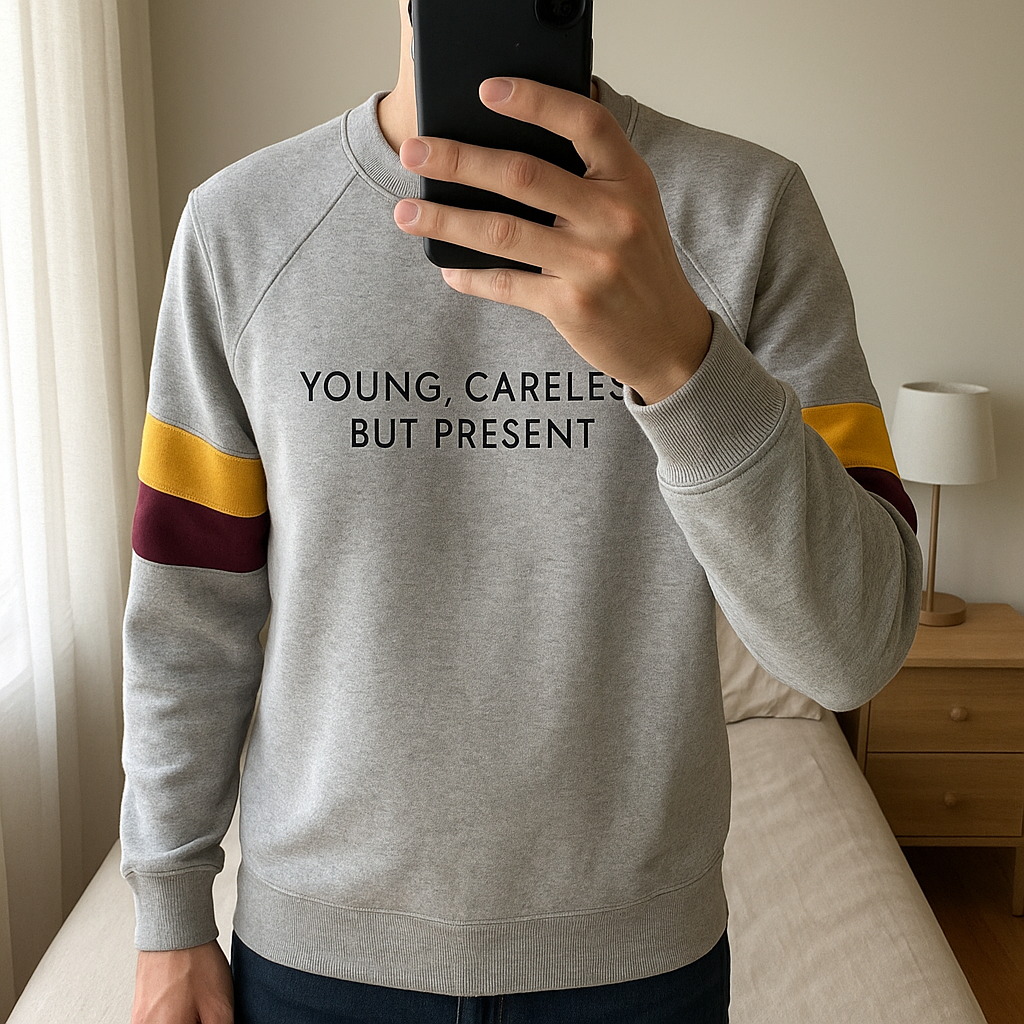 Sinsay hosszú pulcsi standing straight facing the camera, in a softly lit bedroom setting, with gentle natural light filtering through a window.