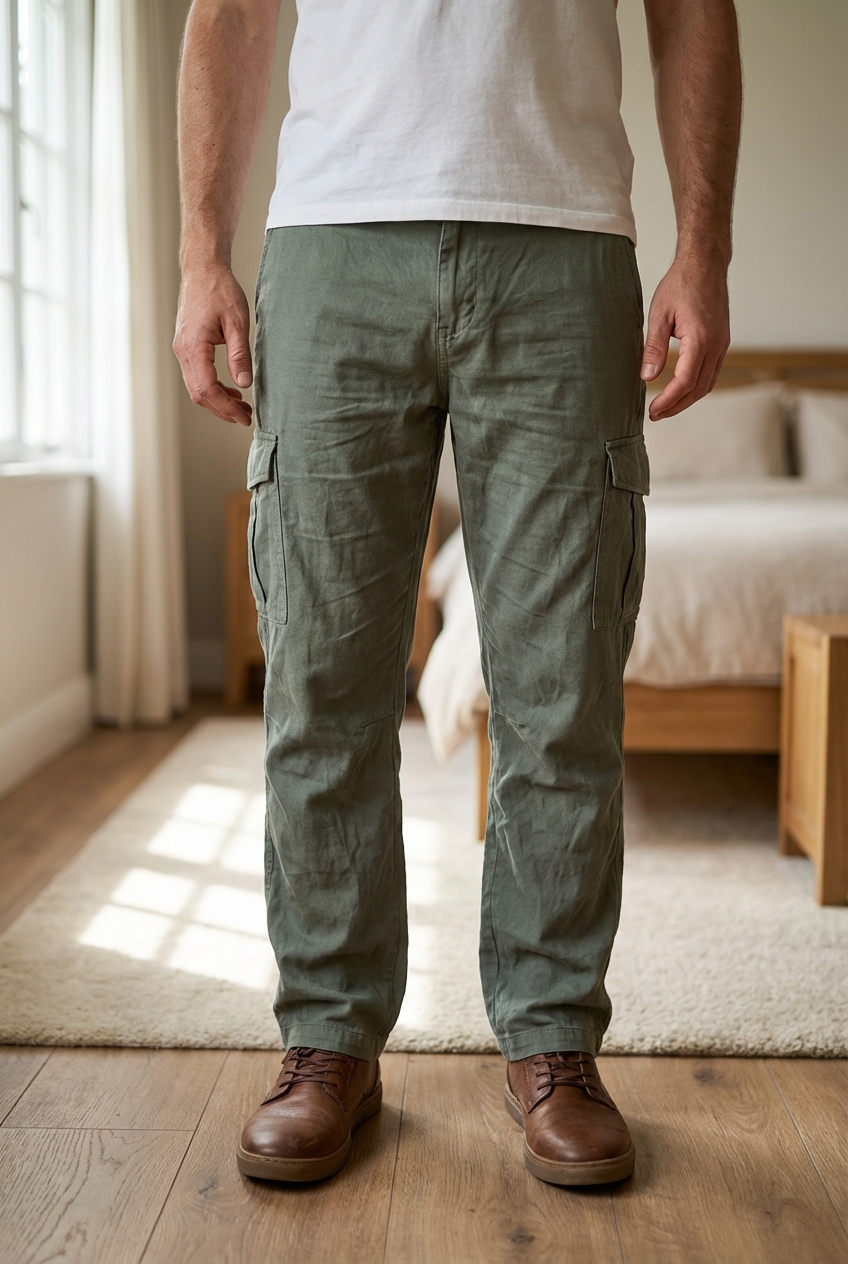 Pantalon cargo Lee Cooper taille 42 debout, face à la caméra, dans une chambre à la lumière douce, avec une lumière naturelle filtrant par la fenêtre.