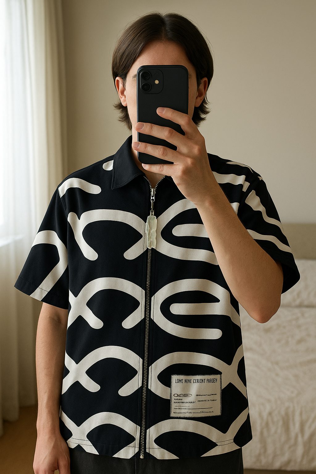 Super rare 1985 Jacket standing straight facing the camera, in a softly lit bedroom setting, with gentle natural light filtering through a window.