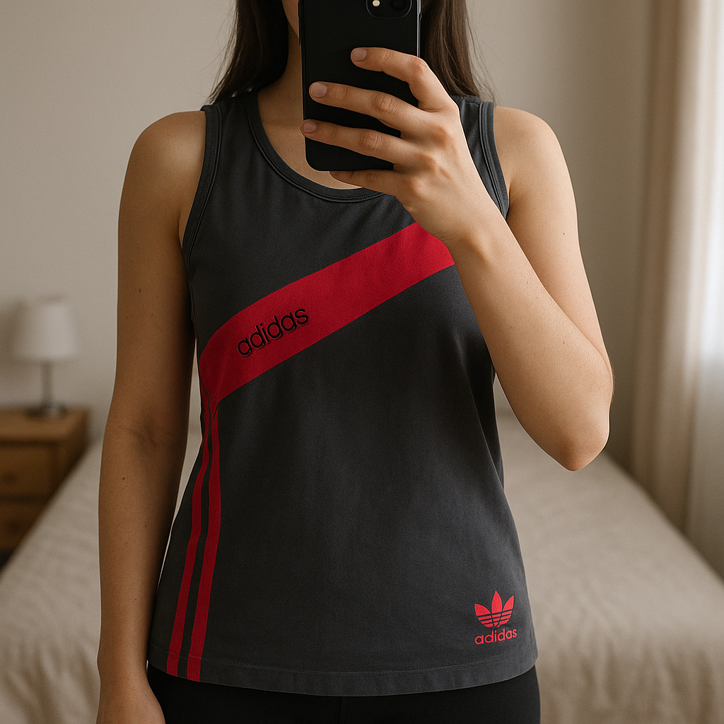 Szürke-pink trikófelső standing straight facing the camera, in a softly lit bedroom setting, with gentle natural light filtering through a window.