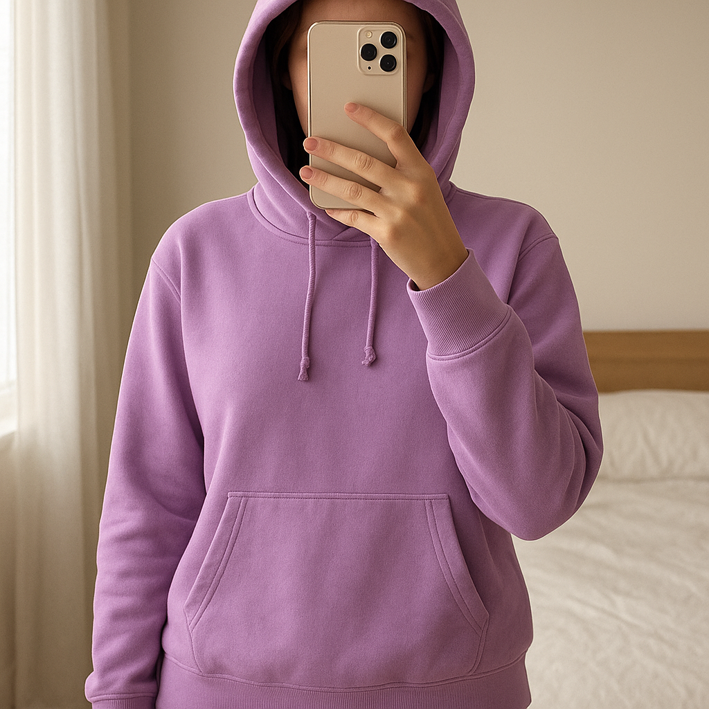 Lilac Hoodie standing straight facing the camera, in a softly lit bedroom setting, with gentle natural light filtering through a window.