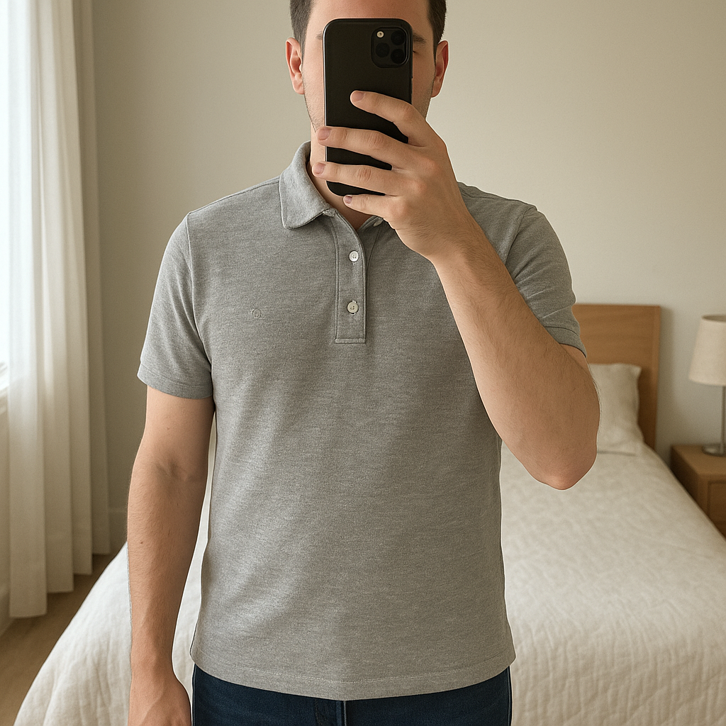 Polo Gris Vintage Y2K 🩶 debout, face à la caméra, dans une chambre à la lumière douce, avec une lumière naturelle filtrant par la fenêtre.