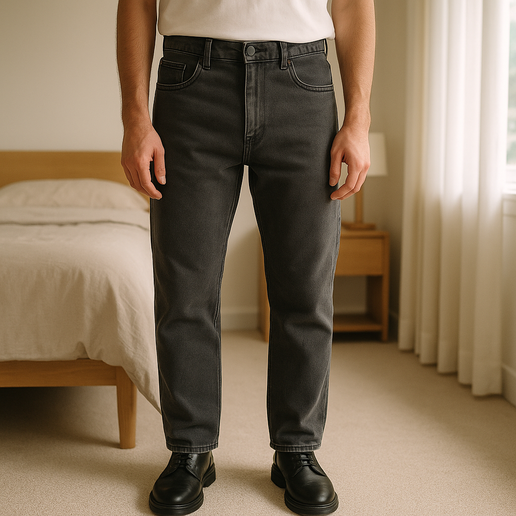 Jeans vintage Y2K debout, face à la caméra, dans une chambre à la lumière douce, avec une lumière naturelle filtrant par la fenêtre.