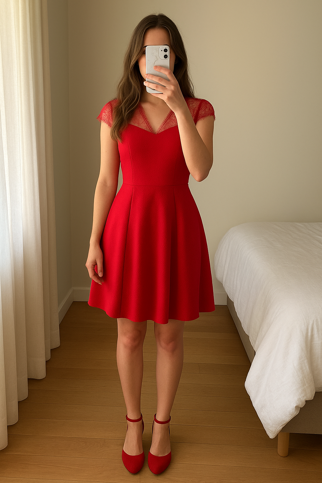 Robe rouge The Kooples debout, face à la caméra, dans une chambre à la lumière douce, avec une lumière naturelle filtrant par la fenêtre.